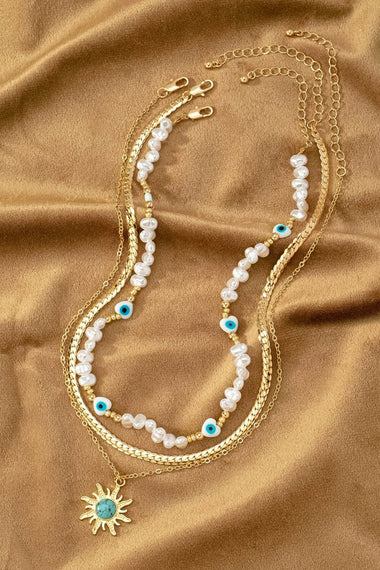 3 necklaces set with pearl evil eye and sun