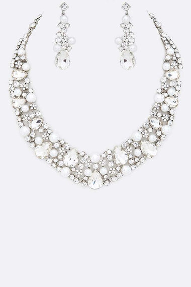 Crystal Pearl Elegant Statement Necklace Set