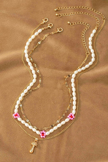 3 necklaces set with pearl flower mushroom pendant