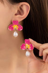 fuschia flower earrings with pearl drop