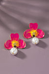 fuschia flower earrings with pearl drop