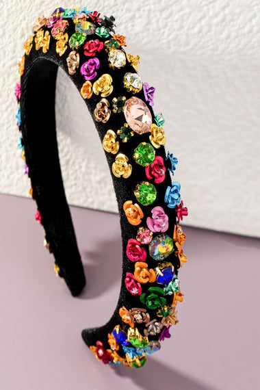 luxury puffy headband with flower and rhinestones