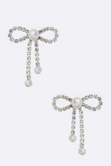 Pearl Accent Bow Tie Rhinestone Earrings