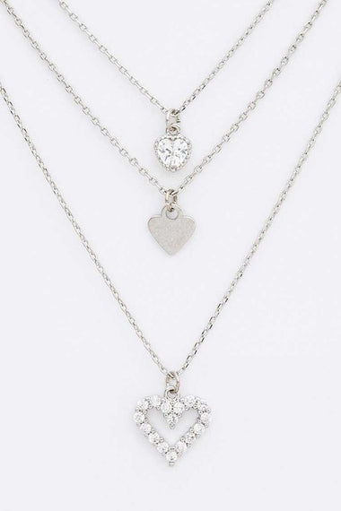 Triple Heart CZ Pendant Layer Necklace
