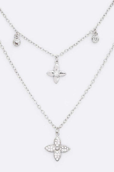 Fringe CZ Clover Pendant Layer Necklace