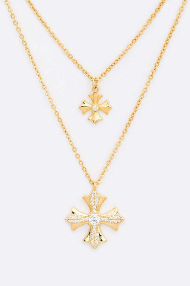 CZ Double Cross Layer Pendant Necklace