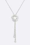 Pearl Accent CZ Flower Chain Drop Pendant Necklace