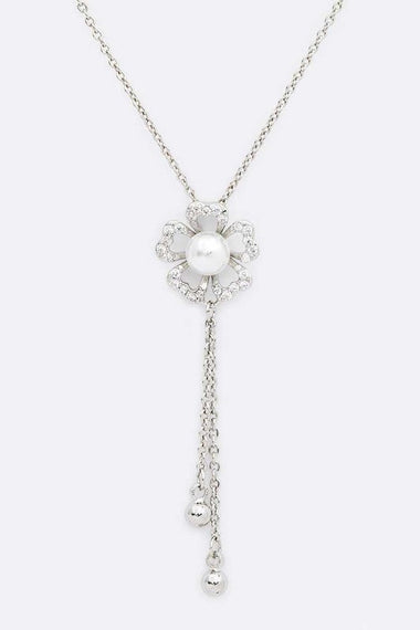 Pearl Accent CZ Flower Chain Drop Pendant Necklace