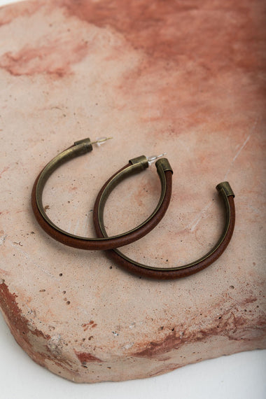 Leather Hoop Earrings With Brass Accent