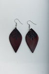 Engraved Leaf Drop Earrings - Rustic Leather Style