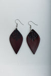 Engraved Leaf Drop Earrings - Rustic Leather Style
