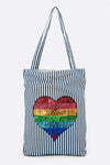 Rainbow Sequin Heart Patch Linen Canvas Tote