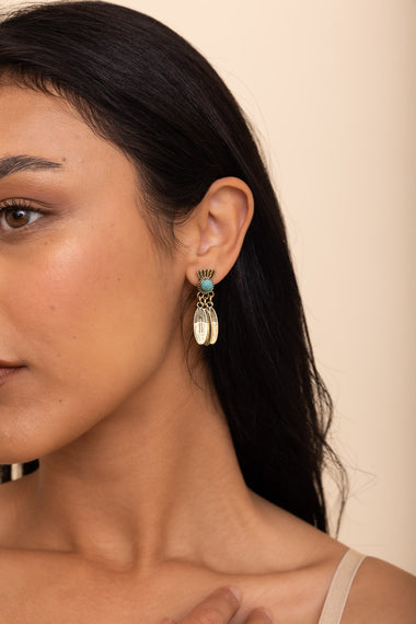 Antique Bronze Turquoise Earrings - Feather Detail