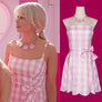 Barbie Girl Pink Plaid Princess Costume for Adult Women - Margot Robbie Movie Dress with Ribbon & 3 Shell Necklace for Halloween & Cosplay