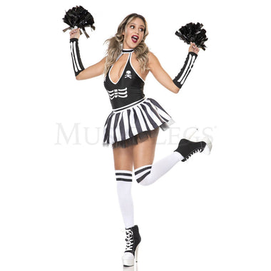 Gothic Cheerleader 5 Pc White Black Skeleton Skull Print Bodysuit Costume Sz XS