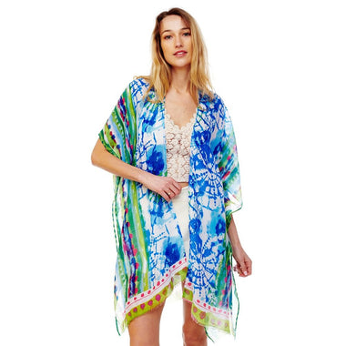 DIONA J TIE DYE FASHIONABLE KIMONO COVER UP CARDIGAN ONE SIZE COLOR BLUE