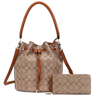 2IN1 OVAL MONOGRAM PRINT DRAWSTRING SHOULDER CROSSBODY BAG W WALLET SET BROWN