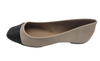 Women's Classic Ballet Beige Flat Light Faux Leather Shoes with Black Toe