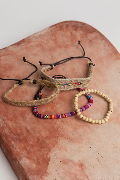 Natural Wooden Beads & Hemp Braided Bracelet Set