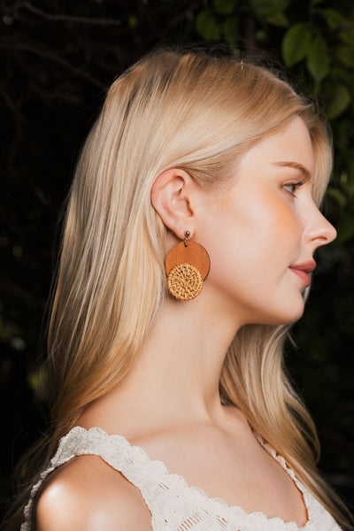 Chic Wood Accent Woven Straw Dangle Earrings