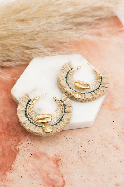Seashell Charm Raffia Hoop Earrings - Golden Glow