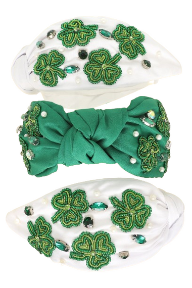 Saint Patrick's Day Shamrock Crystal Rhinestone Pearl Beaded Embroidery Top Knotted Headband