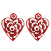 2 Tier Valentine Crystal Rhinestone Beaded Embroidery Floral Heart Shaped Drop Earrings