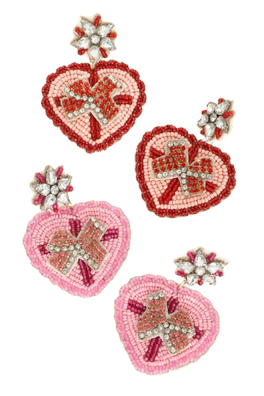 2-Tier Marquise Floral Post Crystal Rhinestone Seed Bead Handmade Beaded Embroidery Heart Shaped Gift Box Valentine's Day Earrings