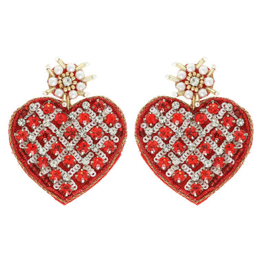 2-Tier Criss Cross Crystal Rhinestone Seed Bead Handmade Beaded Embroidery Heart Shaped Valentine's Day Earrings