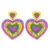 2 Tier Mardi Grass Tricolor Heart Post Crystal Rhinestone Seed Bead Handmade Beaded Embroidery Heart Shape Dangle and Drop Earrings