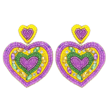 2 Tier Mardi Grass Tricolor Heart Post Crystal Rhinestone Seed Bead Handmade Beaded Embroidery Heart Shape Dangle and Drop Earrings
