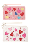 Heart Pattern Crystal Rhinestone Studded Seed Bead Handmade Beaded Embroidery Zipper Coin Bag With Wristlet Strap