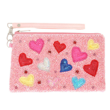 Heart Pattern Crystal Rhinestone Studded Seed Bead Handmade Beaded Embroidery Zipper Coin Bag With Wristlet Strap