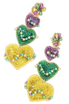 4-Tier Marquise Post Mardi Gras Crystal Gemstone Seed Bead Handmade Beaded Embroidery Triple Heart Long Drop Earrings