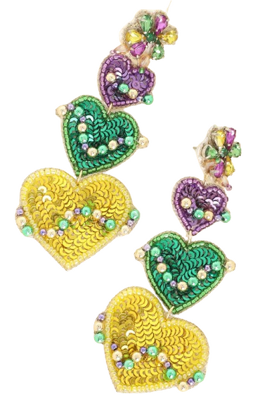 4-Tier Marquise Post Mardi Gras Crystal Gemstone Seed Bead Handmade Beaded Embroidery Triple Heart Long Drop Earrings
