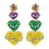 4-Tier Marquise Post Mardi Gras Crystal Gemstone Seed Bead Handmade Beaded Embroidery Triple Heart Long Drop Earrings