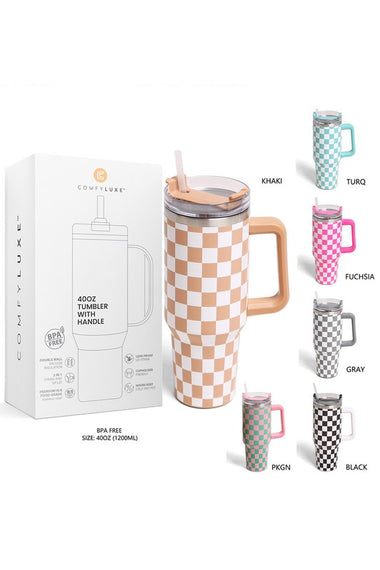 Checkered 40oz Stainless Steel Tumbler with Handle and Straw Lid | Vacuum Insulated Leak Proof Tumbler | Stainless Steel Travel Mug Water Bottle Cup Keeps Cold & Hot