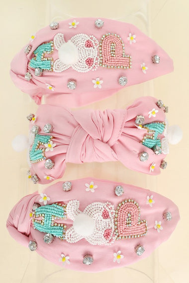 Diona J Easter Bunny Rhinestone Beaded Embriory Top Knotted Headband