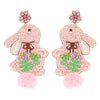 Diona J Cotton Ball Tail Easter Rabbit Seed Beaded Earrings