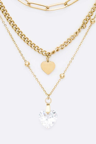 Stainless Steel Crystal Heart Layer Necklace