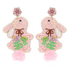 Diona J Cotton Ball Tail Easter Rabbit Seed Beaded Earrings Pink