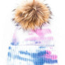 Large Genuine Fur Pom Tie Dyed Cotton Blend Beanie