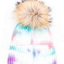 Large Genuine Fur Pom Tie Dyed Cotton Blend Beanie