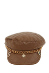 Leather Beret Cap with Chain and Number 5 Accent