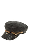 Leather Beret Cap with Chain and Number 5 Accent