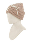 Knitted Beanie Hat with Pearl Ribbon Accent