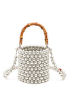 Bamboo Top Handle Beaded Bucket Clutch Bag