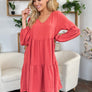 Double Take Full Size V-Neck Balloon Sleeve Tiered Dress with Pockets