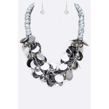 DIONA J LARGE SEQUINS STATEMENT NECKLACE SET RHODIUM
