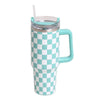 Checkered 40oz Stainless Steel Tumbler with Handle and Straw Lid | Sky Blue